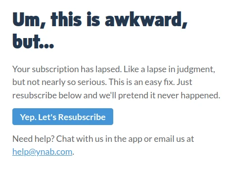 YNAB paywall non challantly explaining you can't use the app until you pay